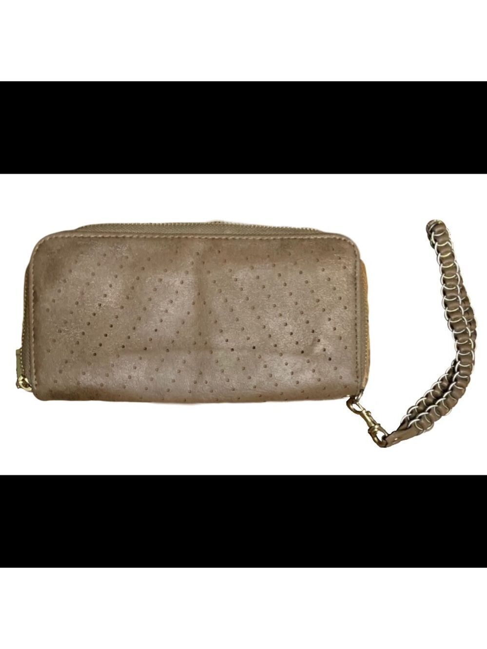 Brown Faux Leather Wallet With Gold Tone Chain